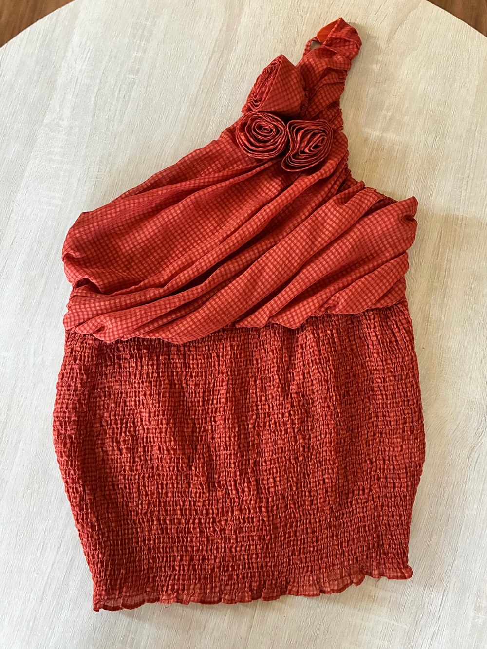 Sharon Couture Rust Orange Gingham One Shoulder Smocked Rosette Top Large